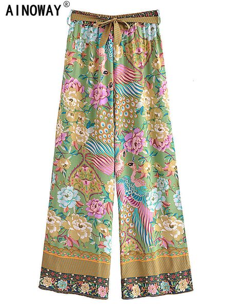 Calças femininas Capris Vintage Mulheres chiques estampas florais de pavão boêmio calça de perna larga Lady elástica cintura solta rayon boho calças longas calças de tamanho grande 230812