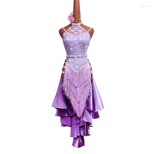 Stage Wear 2023 Shiny Rhinestone Latino Gonna da ballo Female Competizione Tassel Salsa Rumba Samba Costume Ballroom Tango