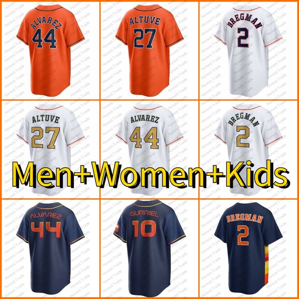 Erkekler Kadın Çocuk Yordan Alvarez Beyzbol Forması Jose Altuve 2 Alex Bregman 3 Jeremy Pena 10 Yuli Gurriel Justin Verlander Beyaz Altın Donanma Turuncu Dikişli Jersey S-XXXL