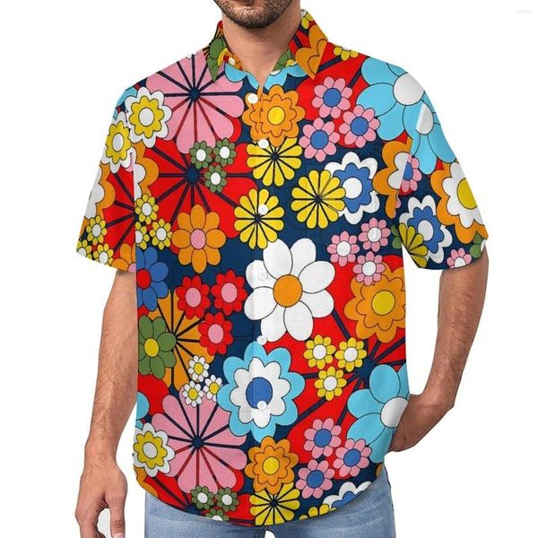 Camisas casuais masculinas estampa floral camisa solta para homens praia azul retrô bright havaiano personalizado manga curta de moda de tamanho grande blusas