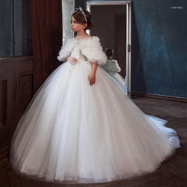 Vestidos de menina Flor Tulle Princess Dress com xale de pelúcia para apliques de pescoço de casamento Festa de aniversário do concurso de renda