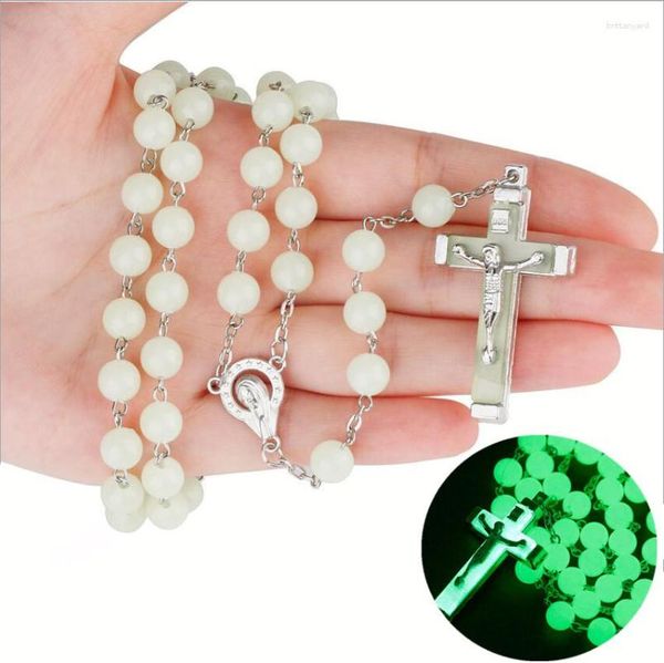 Collane a sospensione 8mm luminosa cristiana cristiana crottana rosario crana luce luminosa in perline scura per uomini donne