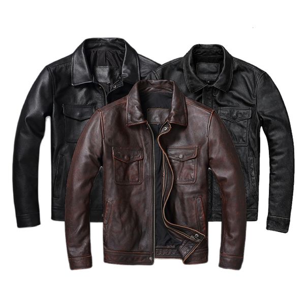 Мужские куртки винтаж коричневый красный подлинный кожаный курт