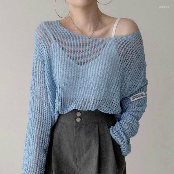 Kadın Sweaters Koreli Şık Fransızca Tek Omuzlu Etiketleme Tasarım Mavi İnce Bluz İçi Boşluk Uzun Kollu Kazak Top Kadınlar
