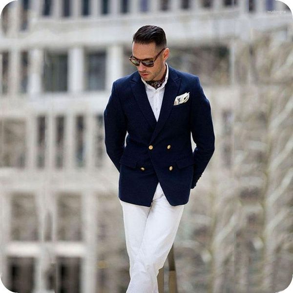 Ternos masculinos Slim Fit Navy Blue Men for Business White Pants Double Bastest Classic Man Costume Figurino personalizado Tuxedos 2 peça