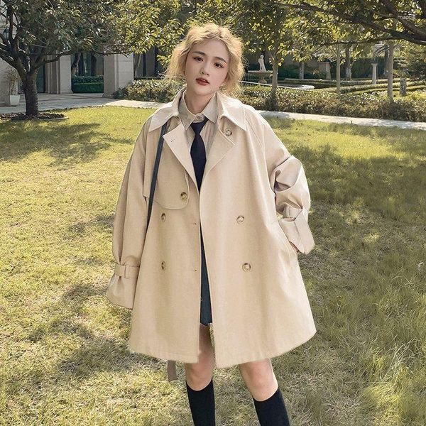 Damengrabenmäntel Preppy Style Khaki Coat Frauen koreanische Mode Langarm Tasche Lose Vintage Chic Windbreaker Mantel weiblich