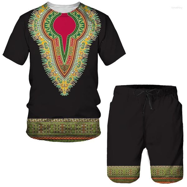 Erkek Trailsits T-Shirt Setleri 3D Baskı Afrika Dashiki Trailtsuit Etnik Stil Tişörtleri Şortlar 2 Parça Sokak Giyim Büyük Boyu Takım Giyim