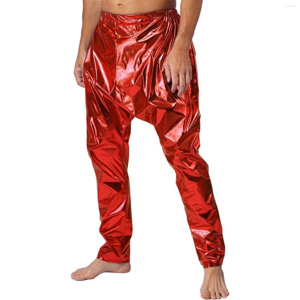 Calça masculina mensagens elegantes metálicas brilhantes e elásticas de cor de cor sólida de cor sólida harém de performance de performance de performance de estágio