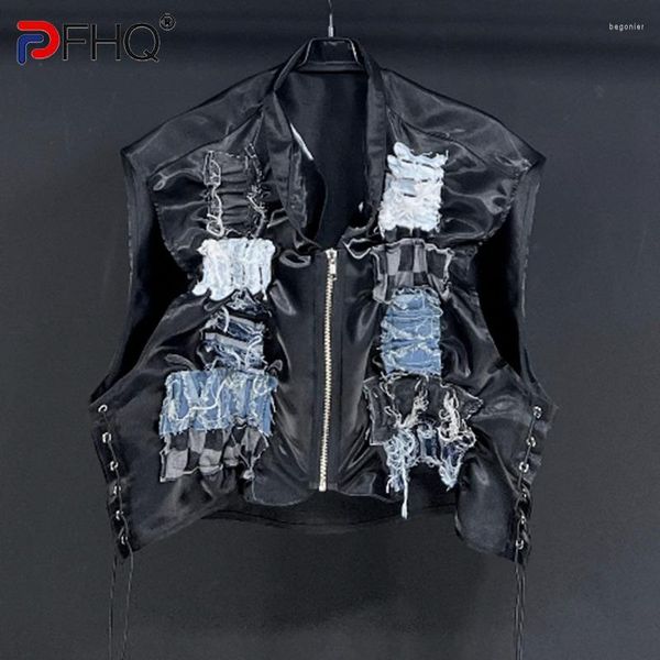 Giubbotti da uomo pfhq denim autunno usurati waistcoat corto protezione solare patchwork moto creatività di alta qualità gilet 21z1483