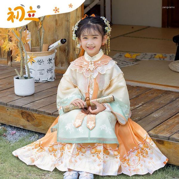 Ethnische Kleidung 2023 Chinesisches Jahr Kleidung für Kinder Kinder Hanfu Girl Big Flaperon Long Coat Horse Gesicht Rock Herbst