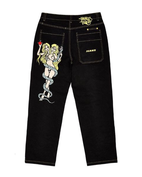 Erkek kot hip hop sokak kıyafeti erkek kot moda şeytan baskı düşük bel düz geniş bacak pantolon retro rahat gevşek denim pantolon 230812