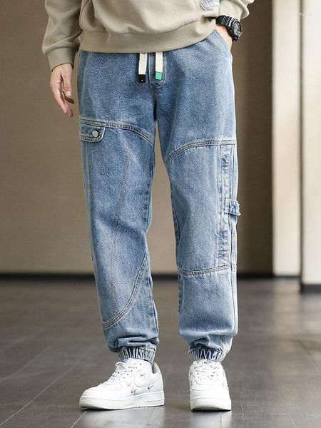 Мужские джинсы грузовые мешковатые бегуны мода черно -голубая серая уличная одежда растянутая хлопчатобумажная джинсовая джинсовая тренас плюс размер 8xl