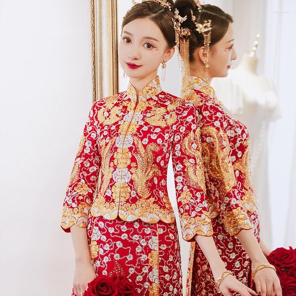 Этническая одежда невеста свадебное платье изысканное вышивание Phoenix Cheongsam
