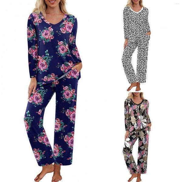 Pijama listrado com estampa floral com estampa floral feminina definir blusas de manga curta e calça os joggers femininos ternos de macacão para os macacões para