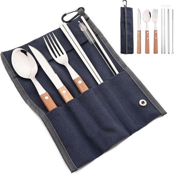 Set di stoviglie 7 pezzi/set tavoli da viaggio riutilizzabile per posate da viaggio set utensili da campo 304 cuccioli di forcella in acciaio inossidabile tacchetti paglia