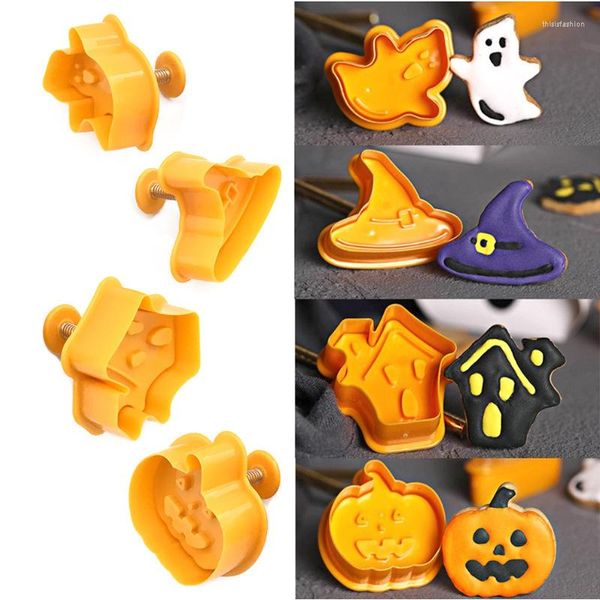 Moldes de cozimento 4pcs cortadores de biscoitos DIY Definir Halloween Pumpkin Ghost Theme Pressable Punger Stamp Biscuit Mold