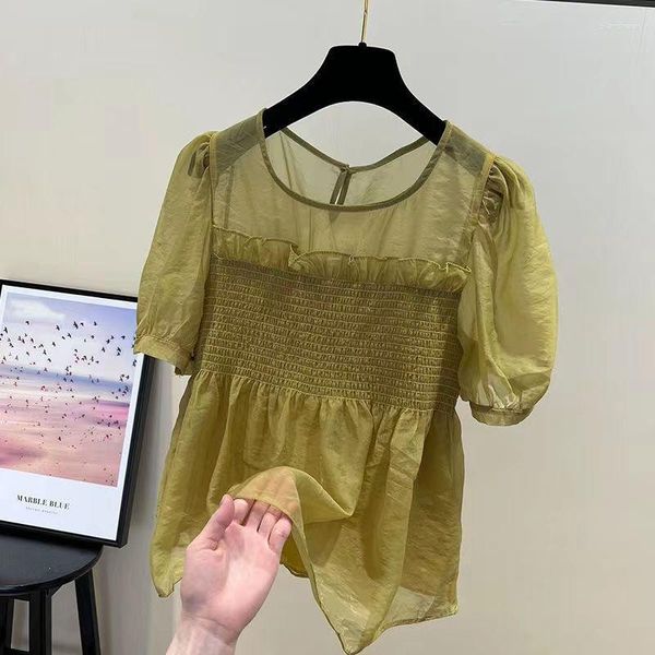 Kadın bluzları 2023 Yüz Pileli Ahşap Kulak Kenar Kısa Kollu Şifon Gömleği Tasarım için Küçük Hisset Hisset ve Çan Üstleri Kaplar