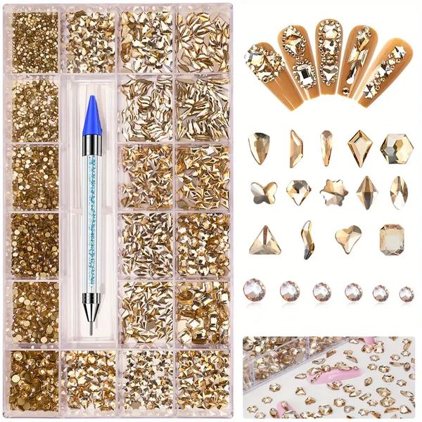 7220 strass para aprimoramento de unhas com acessórios de decoração de unhas de diamante 14 formas diferentes+strass em ouro redondo para aprimoramento de unhas+giz de cera