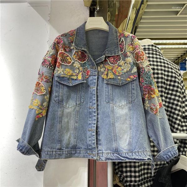 Frauenjacken schwere Arbeit Diamant Perlen Farbe Pailletten Blumen Frauen Jeans Jacke Lose lässige Langarm Jeans Casaco Feminino Spring 2023