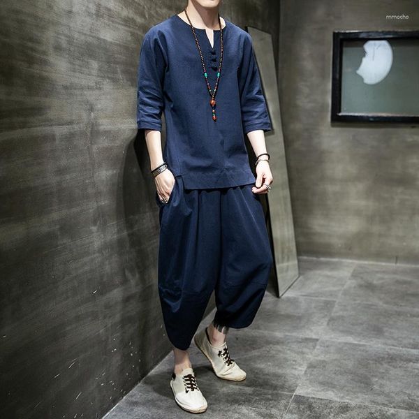 Traccetti da uomo in stile giapponese pantaloni t-shirt a due pezzi maschi maschiti si adattano a maniche corte kimono giapponese harajuku yukata cardigan costume top