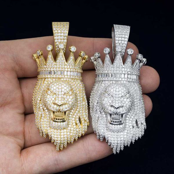 Hip Hop Takı Altın Taç Gümüş 925 Moissanite Lion Head Kolye