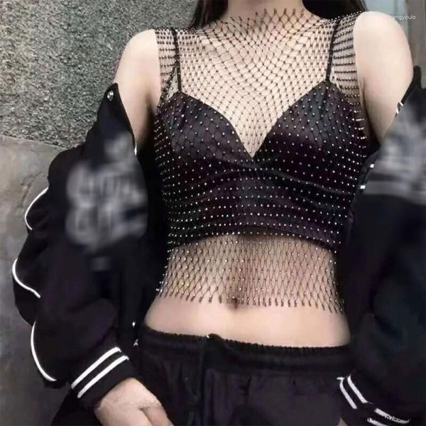 Kadın Tankları Kadın Seksi Kolsuz Göreve-Şeker-Şef See-Thens TOP Glitter Rhinestone Fishnet Bikini Kapak Yelek Yaz Plajı