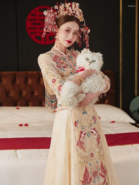 Ethnische Kleidung elegante Mandarinkragen Ehe Cheongsam Frauen funkeln