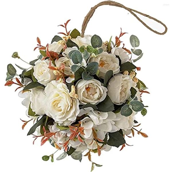 Flores decorativas Bola de flor de hortênsia artificial pendurada pendurada com barbante Buquê Faux de seda leve
