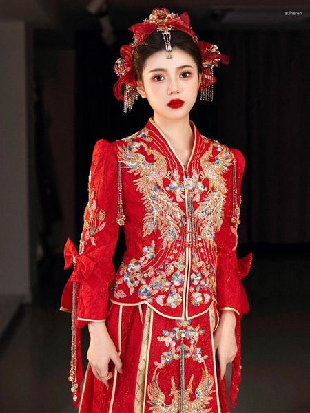 Roupas étnicas chinesas torradas tradicionais lantejoulas miscelas vestido de noiva bordado noiva Cheongsam phoenix qipao
