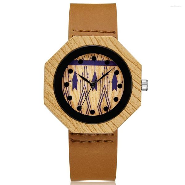 Armbanduhren Sdotter kreative Holzwache Frauen Quarz Imitation Holzblau -Zifferblatt Hexagon Hülle Watschen Lederbandpaar Handgelenk CLO