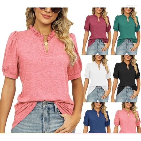 Camisetas femininas Mulheres Ruffle V-deco