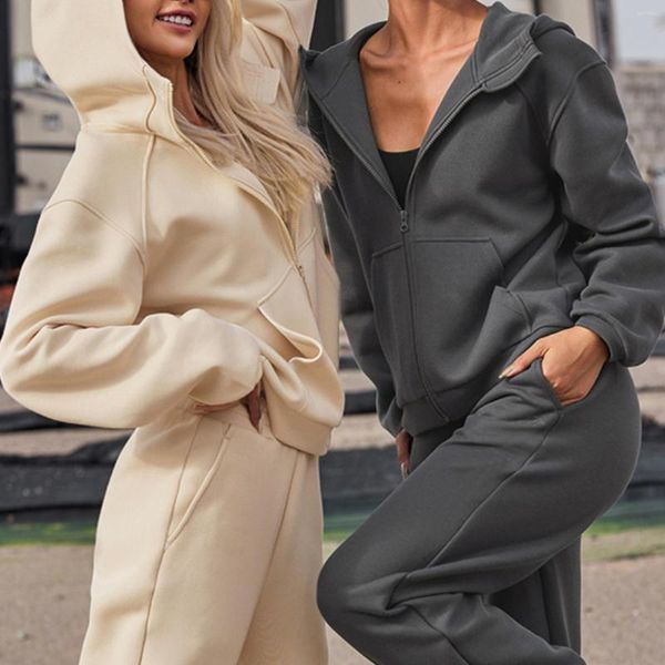 Calças de duas peças femininas Mulheres com capuz conjunta casual senhoras de manga comprida cintura elástica folgada com bolsos