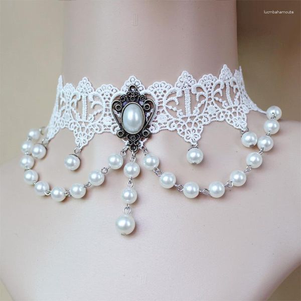 Anhänger Halsketten Frauen Halskette simulierte Perle Charm Statement Schlüsselbein Choker weiße Spitzenbrautzubehör Quasten -Verstellketten