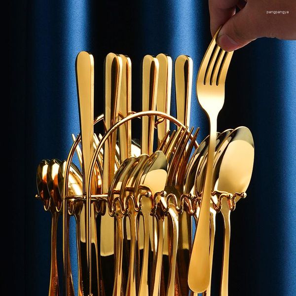 Учебные посуды наборы 24 %/Set Gold Set Forse Fork Spoon Spoon Spoon Серебряные серебряные изделия из нержавеющей стали. Сполога безопасные столовые кухонные аксессуары