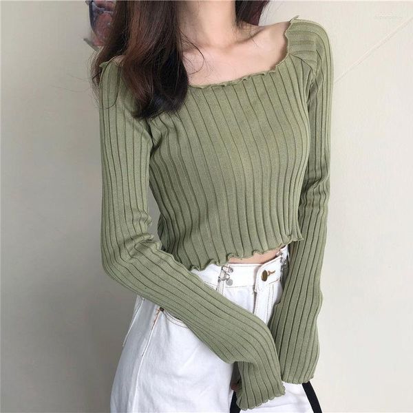 Kadın Sweaters Moda Düz Renk Kapalı Omuz mahsulü Üst Örme Tişörtler Uzun Kollu Kısa Tişört Kadın Giyim İnce Kırpılmış