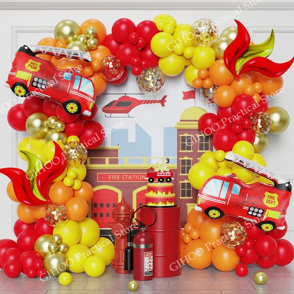 Другая вечеринка мероприятия поставляется 143pcs Theme Theme Theme Theme Balloon Garland Arck Red Yellow Orange Confetti Latex Boys Kids Firefighter Decor 230812