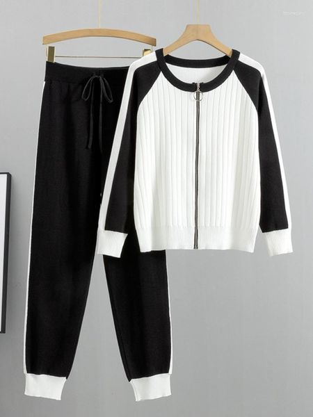 Calça de duas peças de duas peças casuais suéter de suéter cardigan jaqueta feminina outono/inverno feminino malha de moda esporte de beisebol solto