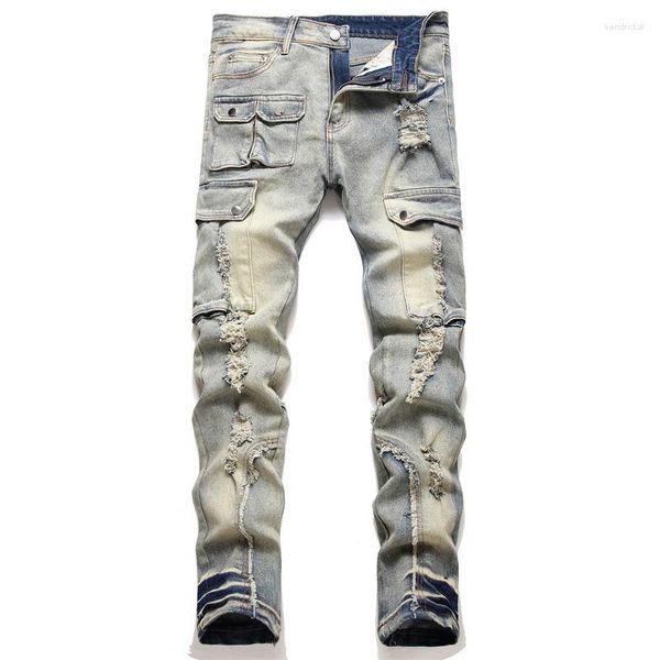 Jeans masculino motocicleta csual 2023 vintage rasgou as calças de jeans tridimensionais de bolso