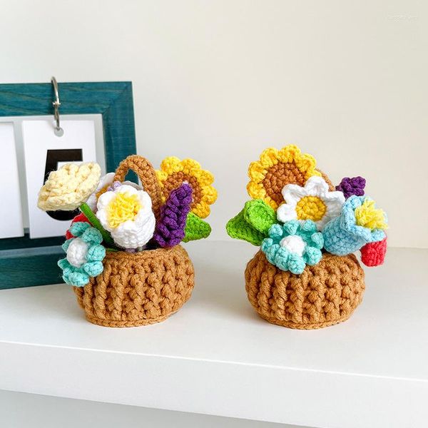 Fiori decorativi mini cesti di fiori fatti a mano Accessori decorativi per la casa Accessori bouquet in vaso artificiale a maglia per la festa della mamma gfit