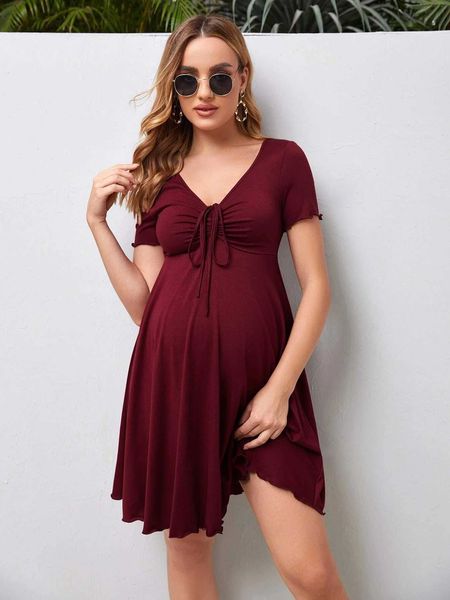 Annelik Drawstring Elbise Doğum Giysileri Yaz Günlük Hamile Kadınlar Kısa Kol Vastık Elbise Vestidos Gebelik Giysileri