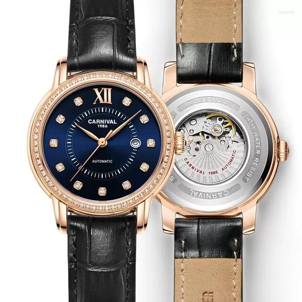Relógios de pulso Carnival Luxo Original Brand Watch For Women Waterper impermeável diamante Squeleto automático Mechanical Ladies Dress Watchwatch Presente