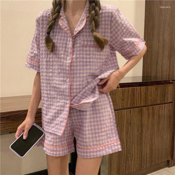 Frauen Nachtwäsche Sommer Baumwollpyjamas für Frauen koreanische Plaid Nachthemd süßes 2-teiliger Mädchen Home Kleidung Kawaii Loose Ladies Pyjama