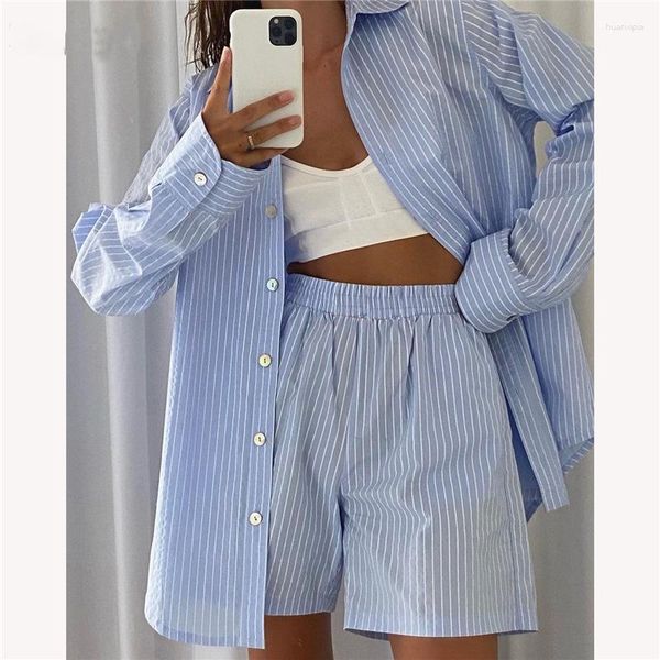 Damen -Tracksuits Frühlingssummer Blaues Streifen -Shirt Short Casual Long Sleeve Single BreaaaaNed Elastic Taille Shorts zweiteilige Sets