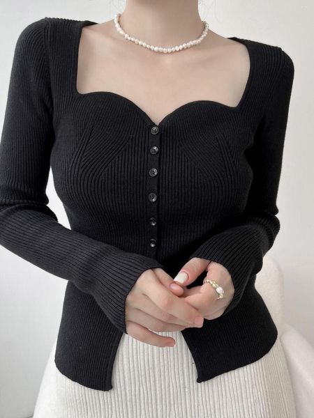 Kadın Sweaters Fransız Şarap Kırmızı İnce Örgü Kazak Uzun Kollu Kare Boyun Düğmesi Üstü Kadınlar Sonbahar Moda Tops 2023 C605