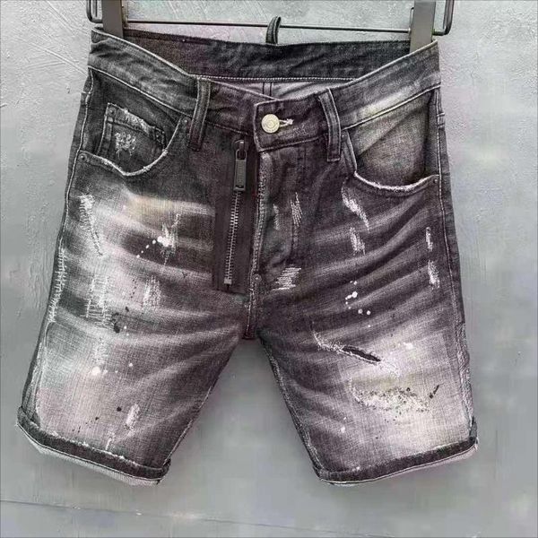 Herren Jeans schwarzer falscher Reißverschluss zerkratzt zerrissene Loch Mode Kurzfilme D959#