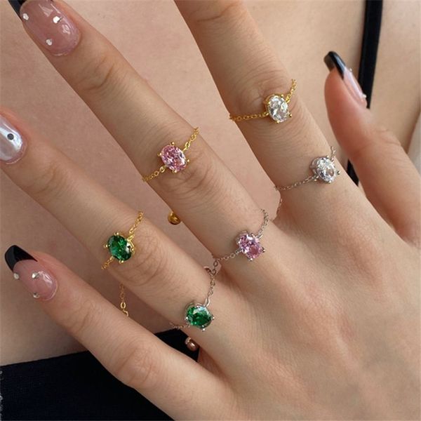 Lüks S925 STERLING Gümüş Solitaire Yüzük Tasarımcısı Kadın 5A Kübik Zirkonya Aşk Yeşil Pembe Oval Elmas Bağlantı Zinciri Yüzükleri Takı Hediye Kutusu Açılış Ayarlanabilir