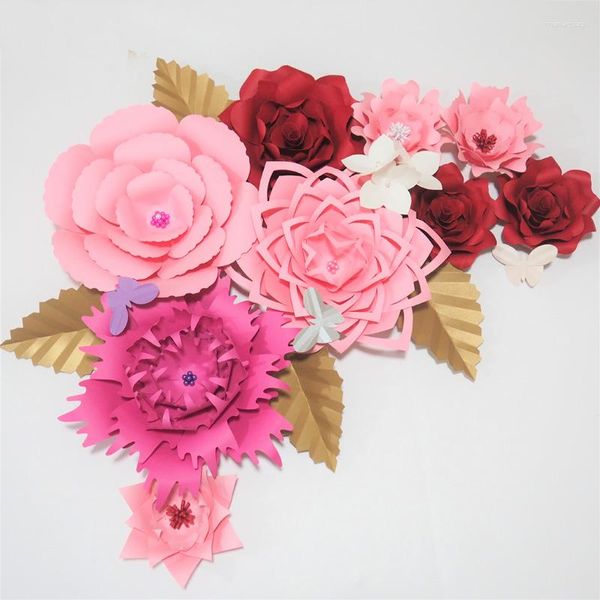 Flores decorativas 2023 Misture papel gigante 9pcs 1 bando de hidrangea 4 folhas 3 borboletas para eventos de casamento berçário de bebê