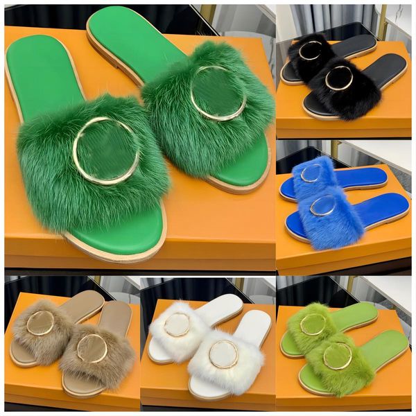 Paseo Comfort Mule Slide Designer Sandália Mulheres Mink Hair chinelos planos Summer Beach Sandles Sapatos Plataforma de pelúcia