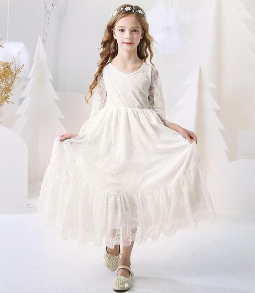 Abiti da ragazza Flower Bianco bianco beige a maniche lunghe abito estivo Comunione per bambini per bambini feste di compleanno da sposa da damigella d'onore