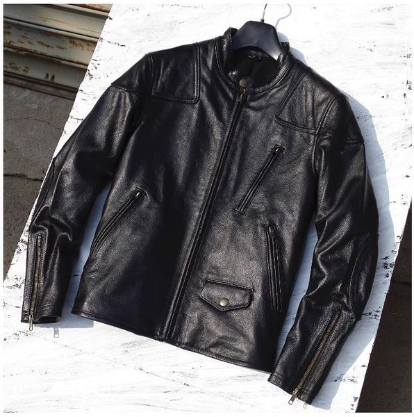 Jackets masculinos tomados negros jaqueta de couro natural clássico cofrige casehide coatslim pano de motociclista curto 230812
